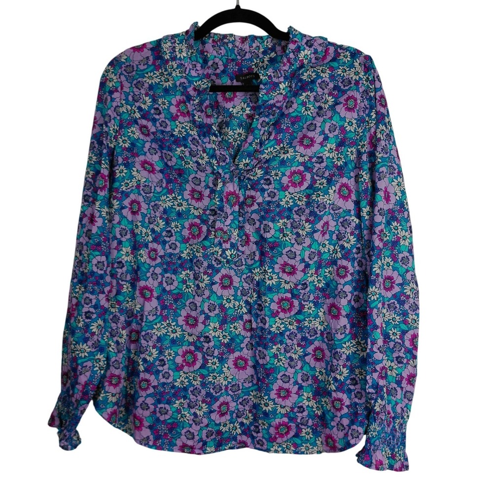 Talbots Floral Cotton Ruffle Neck Blouse Size Medium Purple Teal Smocked Cuff